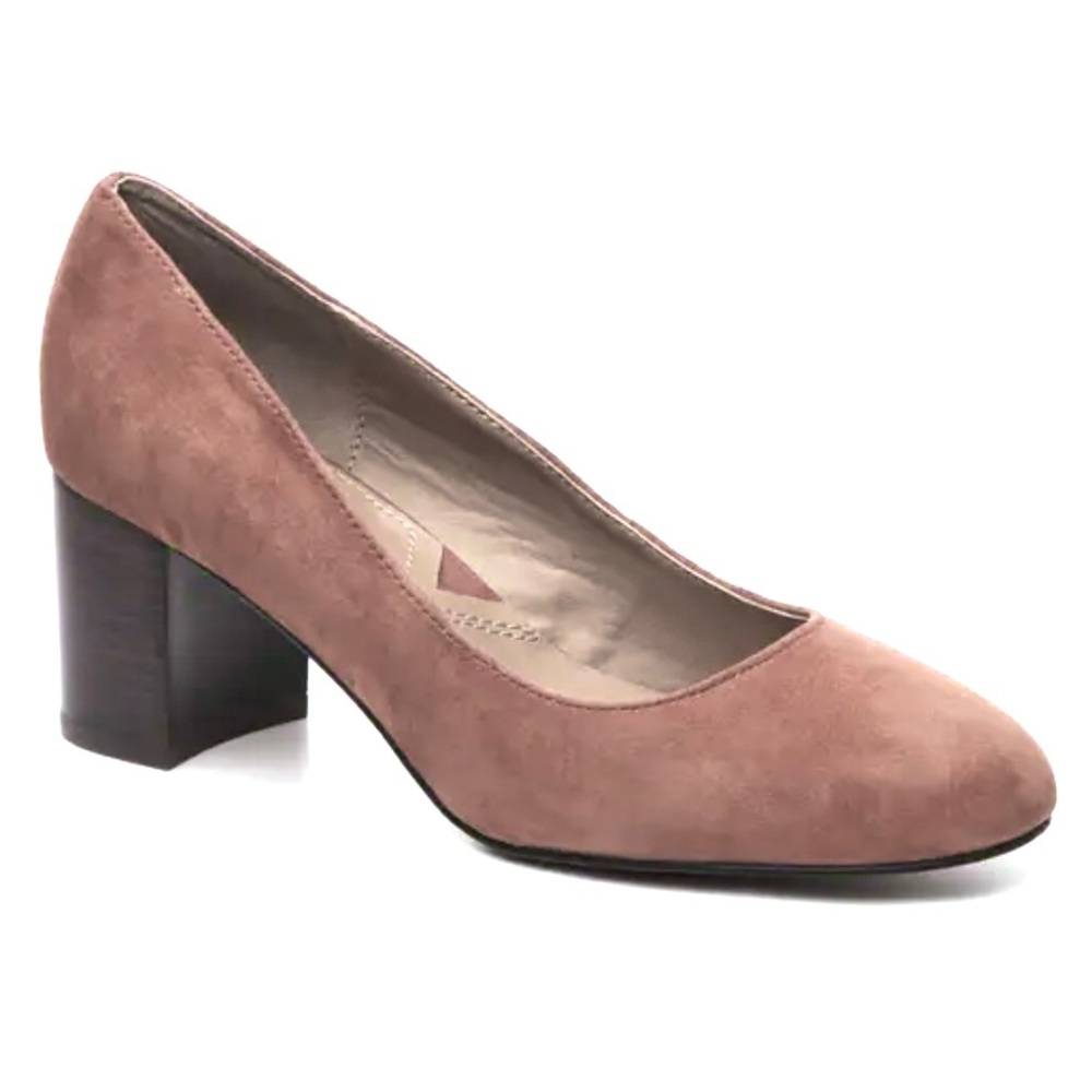 Adrienne Vittadini Glatz Pump Heel Tan Brown Suede Leather Block Heel